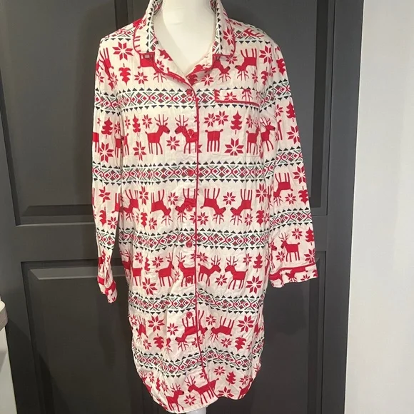 Hanna Andersson Dear Deer Holiday Flannel Scandinavian Night Shirt Nightgown M - Picture 1 of 12